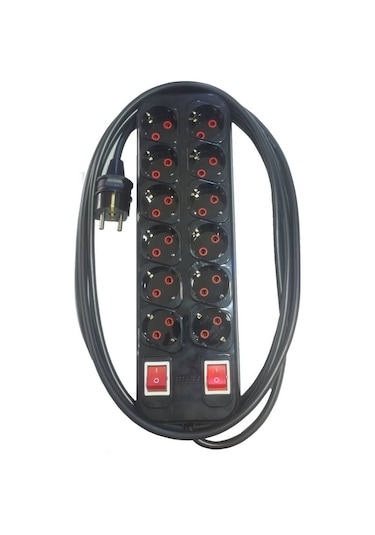 Fetih Siyah 12'li Anahtarlı Çoklu Grup Priz 1 Metre Kablolu