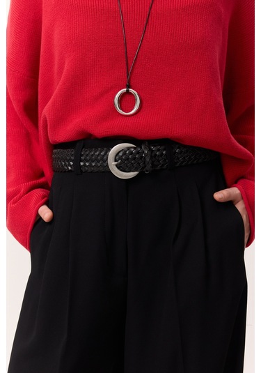 Örgü Deri Tokalı Kemer Siyah Siyah