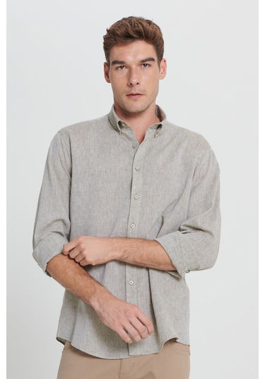 Erkek Hakı Comfort Fit Rahat Kesim Düğmeli Yaka Keten Gömlek Haki