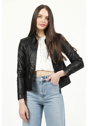 Dericlub Siena Kadın Slim Fit Hakiki Deri Mont Siyah Null Siyah