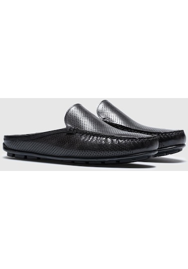 Hakiki Deri Siyah Lazer İşlemeli Erkek Günlük Terlik - Siyah