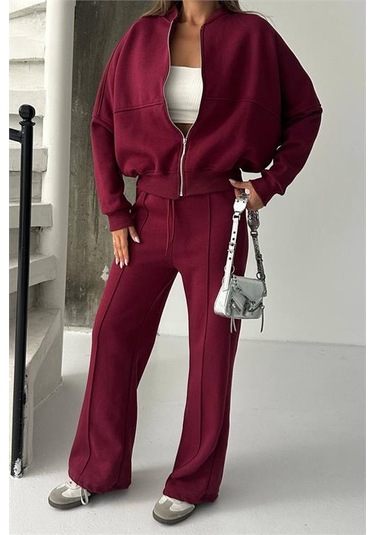Neşeli Butik Kadın 3 İplik Şardonlu Oversize Eşofman Takımı Nbg105 Bordo