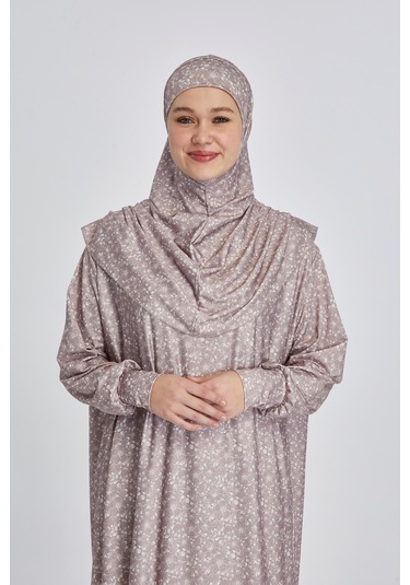 Pratik Tek Parça Çiçek Desenli Namaz Elbisesi Bej