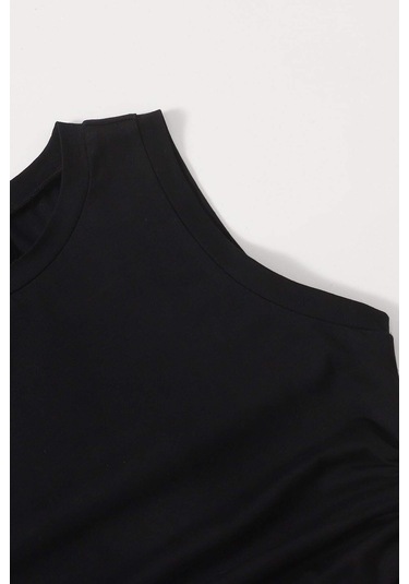 Merry See Yanları Büzgülü Kolsuz Bluz Crop Top Atlet Siyah