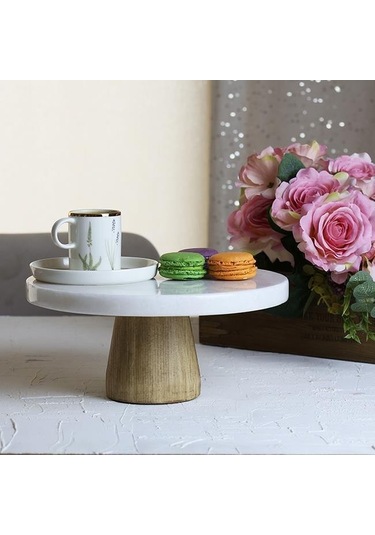 Akayev Mermer 28 Cm Konik Ahşap Ayaklı Beyaz Kalın Yuvarlak Sunum Tabağı Beyaz