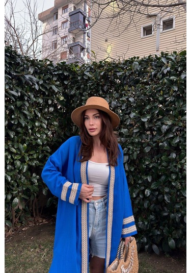 Kadın Saks Müslin Kumaş, Hasır Şerit Detaylı Salaş Kimono Ceket Saks