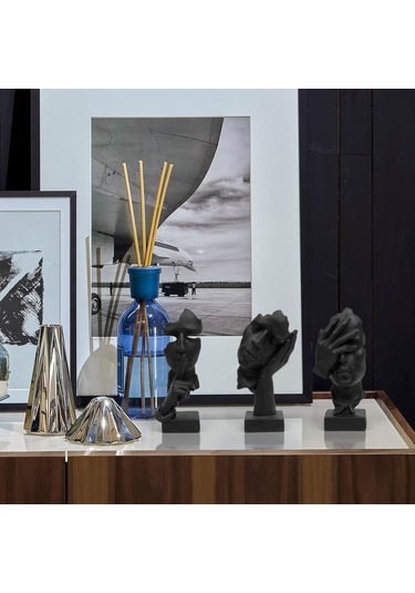 Tenfowee Koyu Siyah Modern Sanat Figürü Seti - Sessizlik, Görmememe, Düşünme Temalı Resin Heykel Dekor 3 Parça