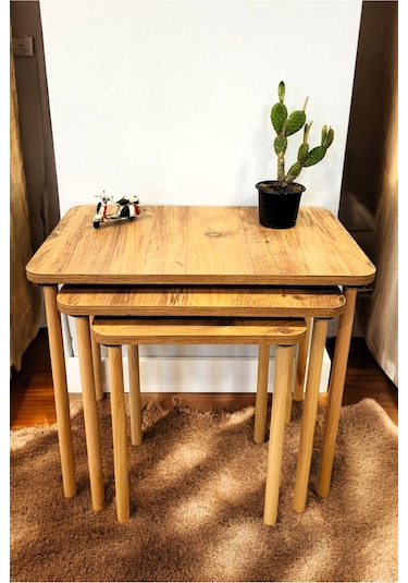 Doğal Ahşap Ayaklı 3'lü Zigon Sehpa Seti Çam