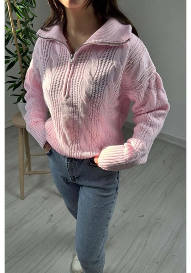 Explode - Kadın Pembe Fermuarlı Yaka Oversize Örgülü Triko Kazak Pembe