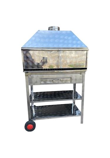 Paslanmaz Kömürlü Mangal 40 X 80 Cm Bacalı Barbekü Çekmeceli Tekerlekli Gri