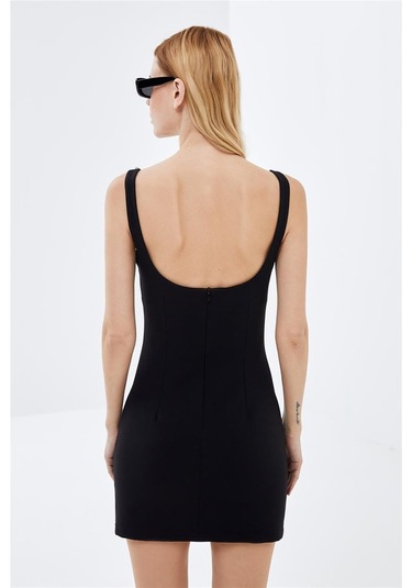 Siyah Kare Yaka Taş İşlemeli Mini Elbise-siyah Siyah