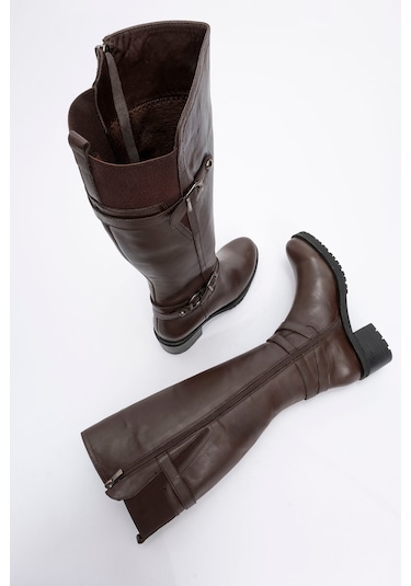 Kadın Yüksek Topuklu Fermuarlı Çizme Gerçek Deri Br 08029 Kahverengi Null Kahverengi