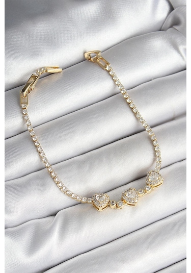 Pirinç Sıralı Kalp Figürlü Zirkon Taşlı Gold Renk Kadın Bileklik Çok Renkli