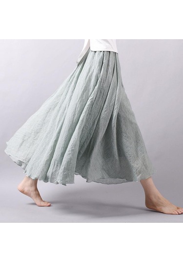 Kadın Zarif Yüksek Bel Keten Maxi Etek Yaz Bayanlar Rahat Elastik Bel 2 Katmanlar Etekler Saia Feminina Aqua Açık Mavi