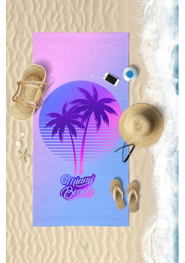 MIAMI BEACH Dijital Baskılı 75x150 Cm Plaj Havlusu Mor