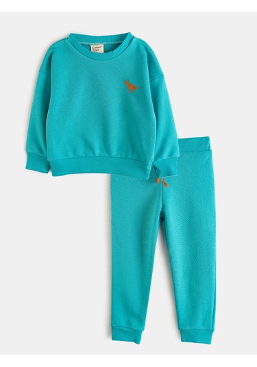 Aysbebe Dinazor Nakışlı Kışlık Çocuk Takım Unisex 2 İplik Aqua