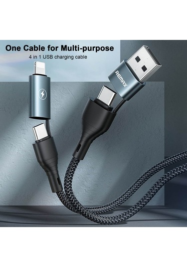 Yifomall Remax Rc-011 Dörtlü Usb Kablosu: Hızlı Şarj 3a , 480mbps Aktarım, Gümüş İp Örgü, Esnek Uzunluk, Çoklu Port Type-c/lightning , Siyah