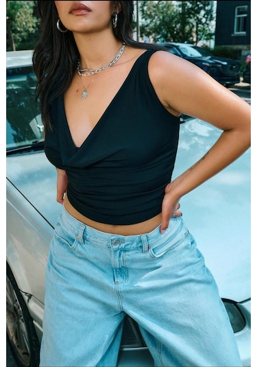 Madmext Siyah Degaje Yaka Kadın Body Mg2282