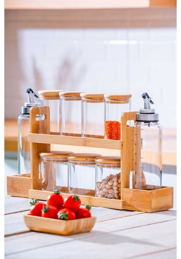 Acar Malibu Bambu Standlı 9 Lu Boroslikat Cam Baharatlık Seti Şeffaf