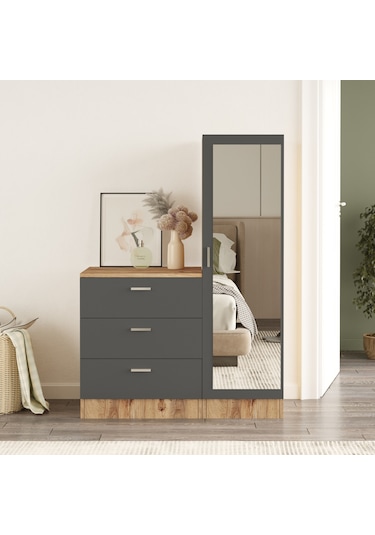 Yurudesign Nancy Aynalı Şifonyer Gardırop Çam-Antrasit