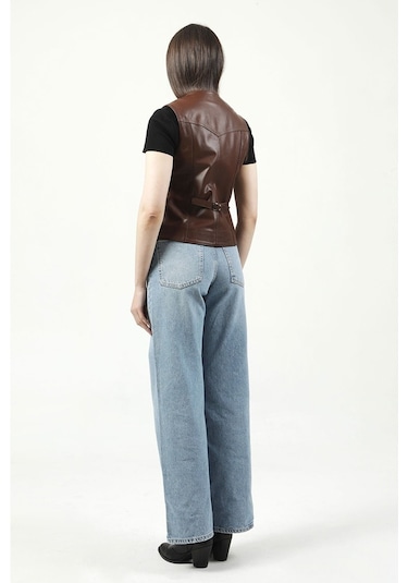 Dericlub Dc-001 Hakiki Deri Kadın Yelek Kahverengi