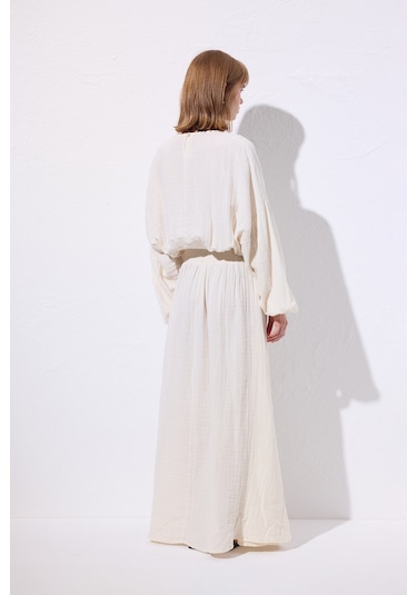 Müslin Beli Büzgülü Elbise Ekru Ekru