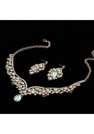 Yeşil 1 Takım Gelin Küpe Kolye Su Damlası Şeklinde Rhinestones Takı Geometrik Ayarlanabilir Takı Seti Düğün İçin Yeşil