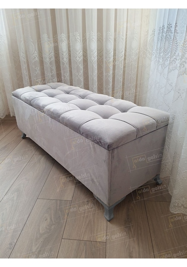 Çizgi Kapitoneli Sandıklı Puf 110 Cm Gümüş Ayak Turkuaz