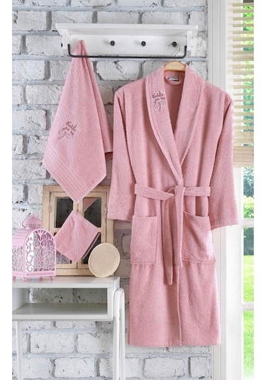 Güvenal Ayla 5 Parça Tek Kişilik Nakışlı Bornoz Seti Bornoz Takımı Bornoz Çeyiz Seti 4 Pudra