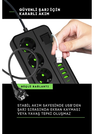 Pro P101 3x Priz 3000w Akım Korumalı 4x Usb 2x Type-c Girişli Çoklu Priz 0.2 M