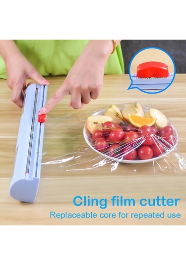 Kaydırmalı Kesicili Plastik Film Kesici, Yeniden Kullanılabilir Folyo Ve Plastik Film Kesici, Mutfak Depolama Mavi -