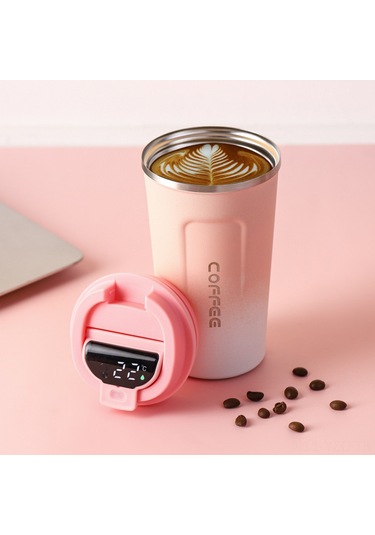 Yuntech01 510ml Akıllı Sıcaklık Gösteren Paslanmaz Çelik Vakumlu Termos Bardak, Isı/sıcak Tutma, Damlacık Önlü, Araba & Seyahat İçin, Gradyan Pembe Yeşil