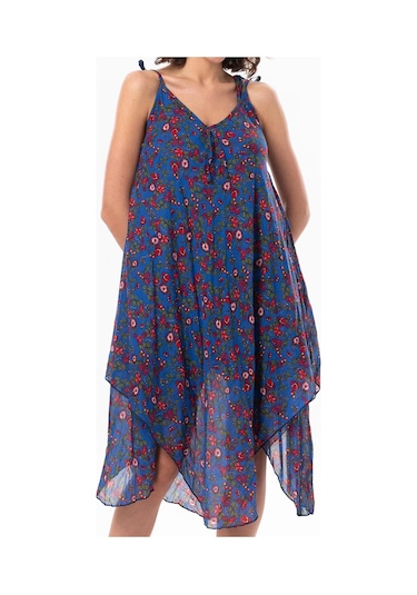 Askılı Vual Afrodit Midi Boy Yazlık Elbise Saks 6171 - Kadın Saks Mavisi