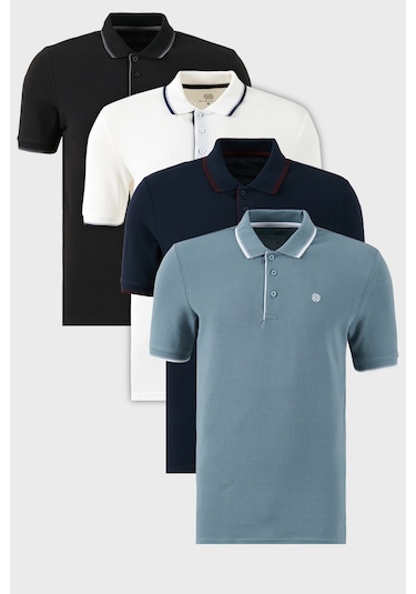 Buratti Pamuklu Slim Fit Şerit Detaylı Düğmeli Polo Yaka 4'Lü Paket Erkek T Shirt 5902118S4 Siyah-Beyaz-Lacivertbordo-Mavi