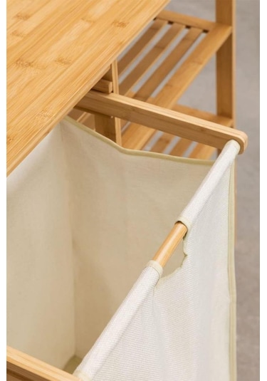 Digithome Bambu 3 Raflı 1 Bölmeli Kirli Sepetli Banyo Düzenleyici Çamaşır Sepeti Organizer Db-0008 Ahşap