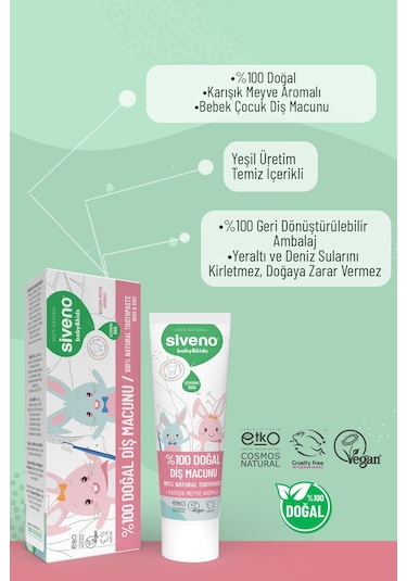Siveno %100 Doğal Diş Macunu Bebek - Çocuk İçin Karışık Meyve Aromalı Florürsüz 50 ml
