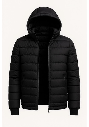 Ertaştrendstore Erkek Şişme Kapüşonlu Fermuarlı Mont Su İtici Kapitone Cepli Ceket - Siyah Çoklu Renk