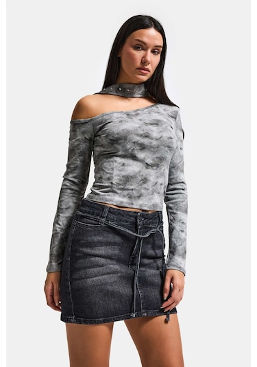 Itsbasic Kadın Gri W5 Asimetrik Kesim Özel Kumaş Tasarım Crop Top
