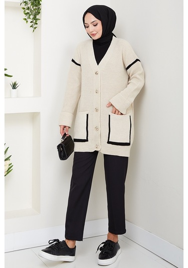 İlge Düğmeli Triko Hırka 1597 - Bej Bej