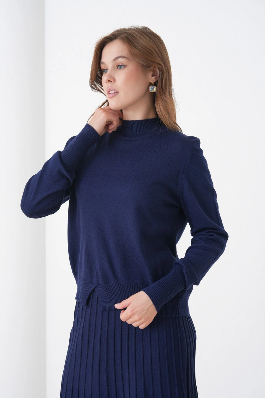 Kadın Pileli Etek Kazağı V Tasarım Tesettüre Uygun Örgü Triko Etek Kazak Takım Lacivert