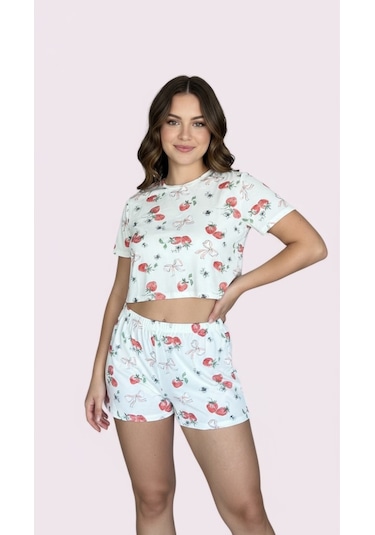 Merlot T-shirt Şort Örme Pijama Takımı Beyaz