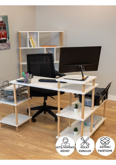 Çalışma Masası 5 Raflı Ahşap Ayaklı Dekoratif Modern Bilgisayar Ofis Masası - Beyaz - Köşe