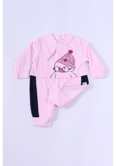 Hçm Bebek Kadife Tulum Uzun Kollu Çıtçıtlı Baskılı D5 Toz Pembe