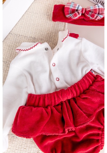 Fiyonklu Bandanalı Kadife Kız Bebek Tulum Salopet Bebek Elbise Kırmızı