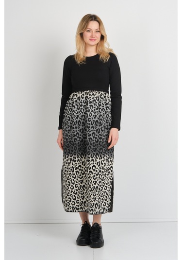 Sistas Kadın Leopar Desenli Yanları Yırtmaçlı Bisiklet Yaka Elbise 24922 Gri-bej Gri-bej