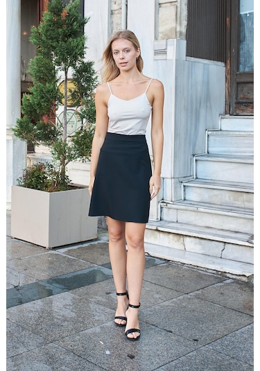 Yüksek Bel Hafif Likralı Kumaş Diz Boy Çan Etek-siyah Siyah