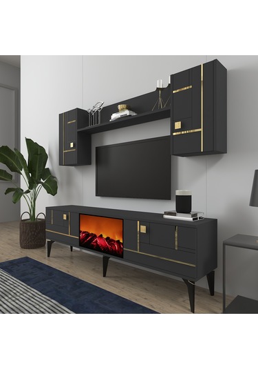 Maddera Şömineli Tv Ünitesi Takımı Antrasit-altın
