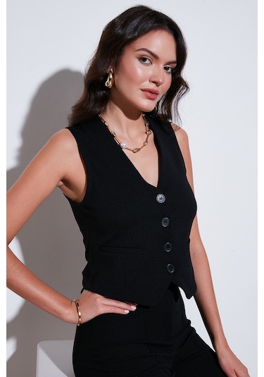 Lela Streç Fitted Fit V Yaka Düğmeli Bayan Yelek 5865971 Siyah