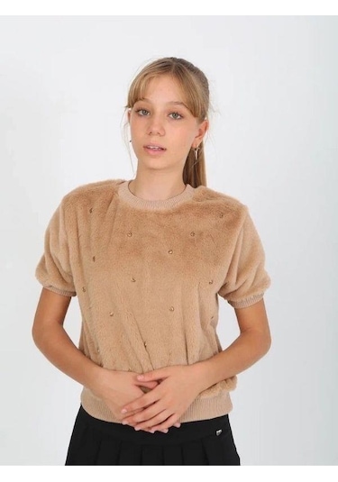 Kız Çocuk Peluş Taş Detaylı Kısa Kollu Kazak-14822 Kahverengi