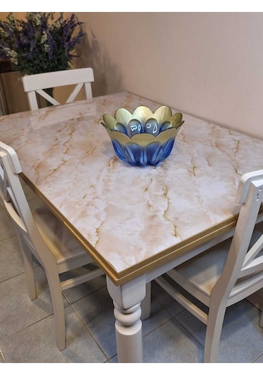 Kalın Pvc Masa Koruyucu 1.2 Mm Mika Örtü, 80 Cm En, Mermer Desen Gold
